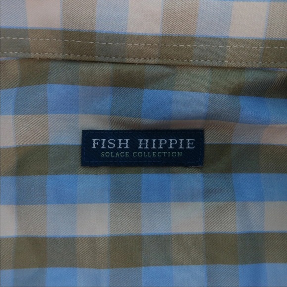Fish Hippie Solace Collection Tan Blue Plaid Stretch Button Down Shirt Size L - Picture 4 of 5